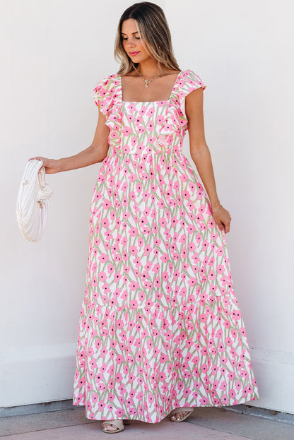 Vestido largo con estampado floral rosa, escote cuadrado y tirantes con volantes