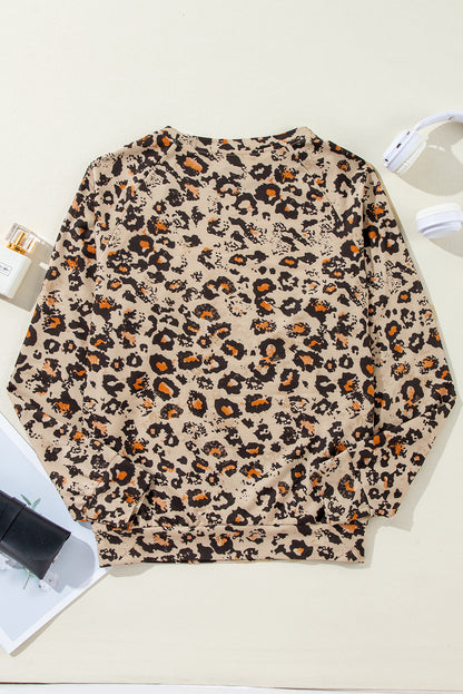 Brown Leopard Bleached Raglan Sleeve Pullover Sweatshirt - Snoopy's Closet