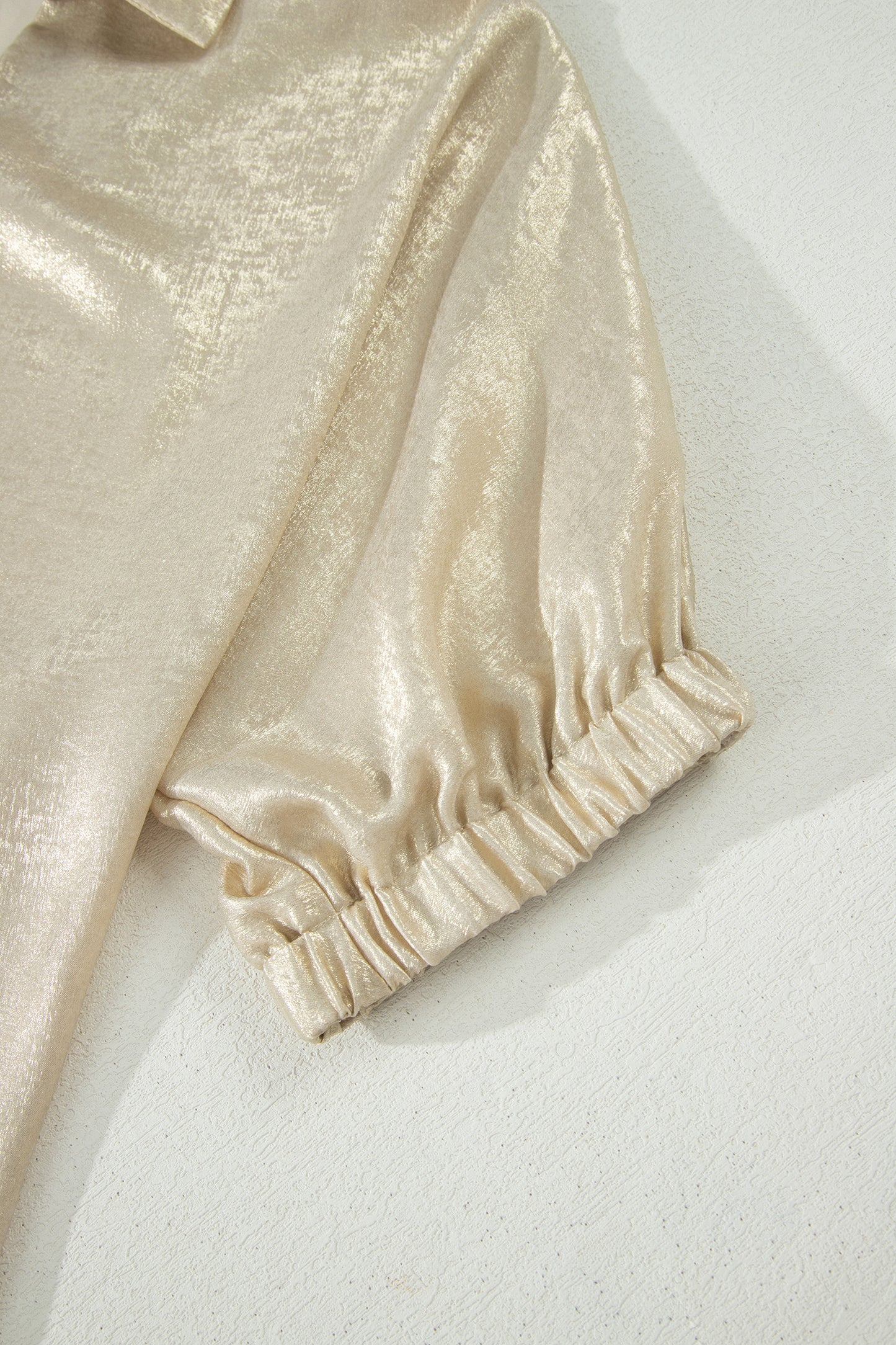 Beige Collared V Neck Half Sleeve Metallic Top