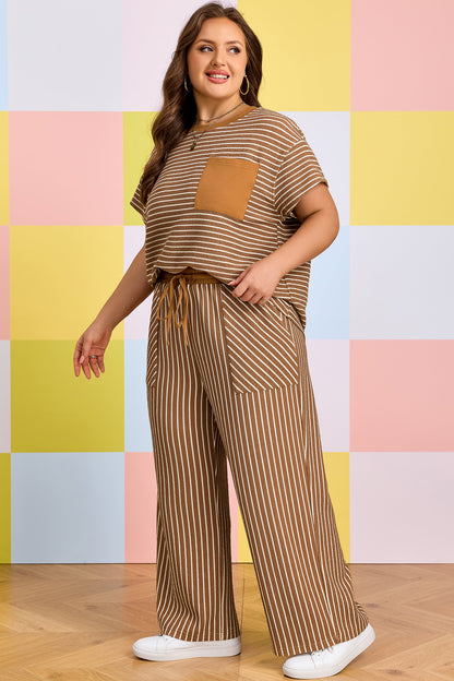 Conjunto de descanso de talla grande a rayas caqui con bloques de color y bolsillos