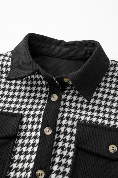 Sobrecamisa negra de pana con diseño de pata de gallo y bolsillos con solapa