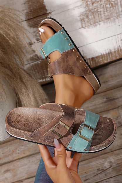 Coffee Leopard Two-tone Retro Buckle Straps Hollowed Faux Suede Slippers - Snoopy's Closet