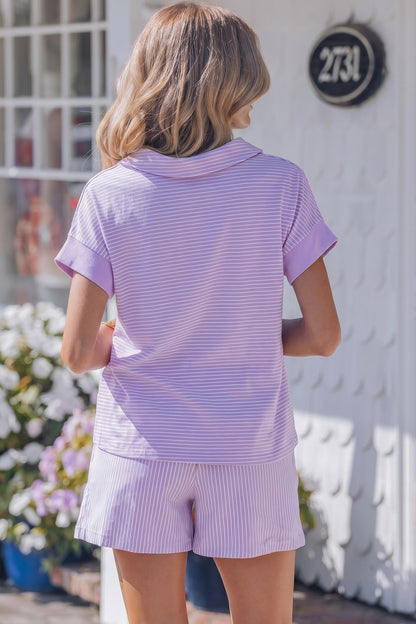 Pink Stripe Dolman Sleeve Polo Shirt and Drawstring Shorts Set - Snoopy's Closet