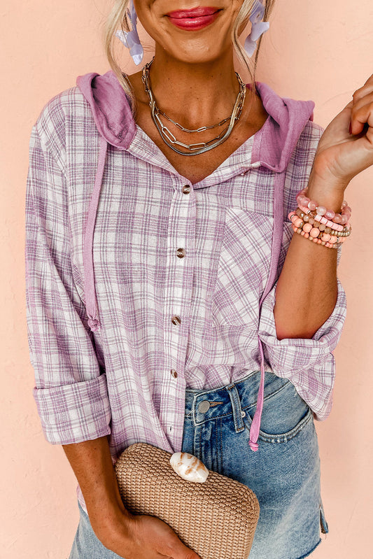 Chaqueta con capucha y botones holgada con estampado de cuadros rosas