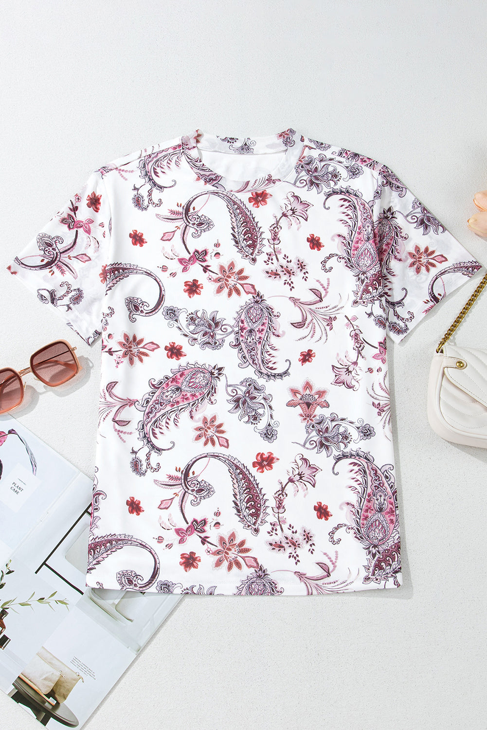 White Vintage Paisley Mock Neck T Shirt - Snoopy's Closet