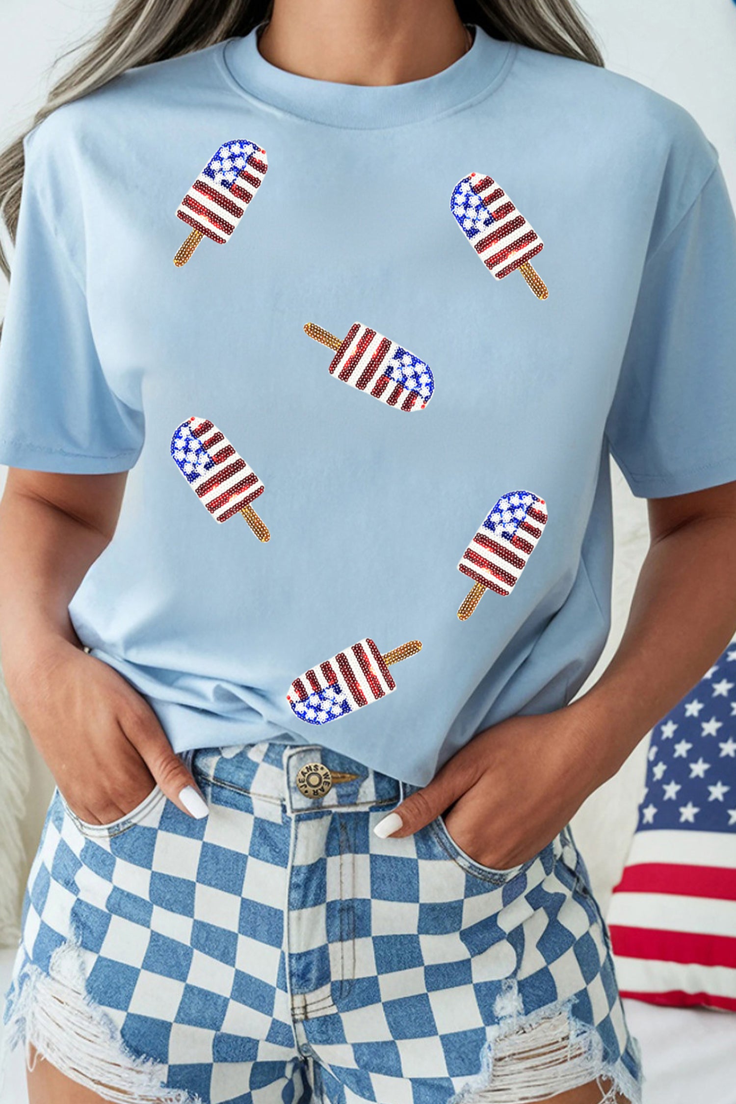 Light Blue Patriotic Sequin Popsicle T Shirt