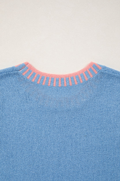 Sky Blue Contrast Trim Round Neck Sleeveless Sweater - Snoopy's Closet