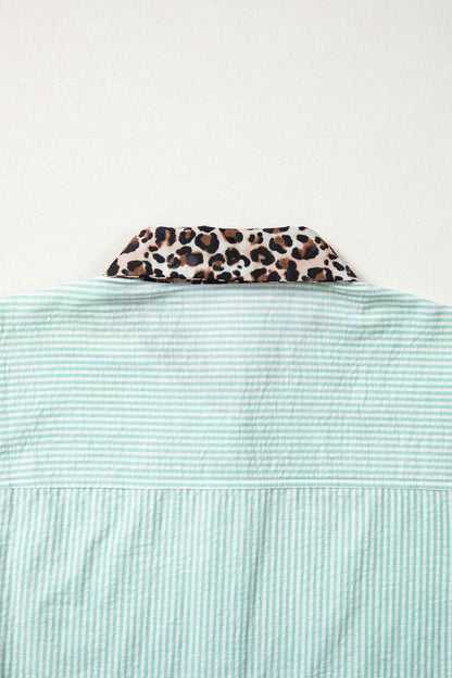 Green Stripe Leopard Contrast Collar Short Sleeve Shirt
