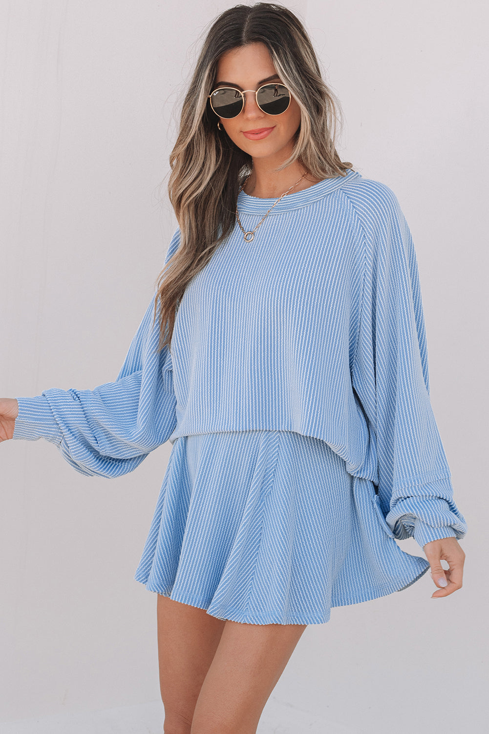 Sky Blue Corded Lantern Sleeve Top High Waist Ruffled Mini Skort Set - Snoopy's Closet
