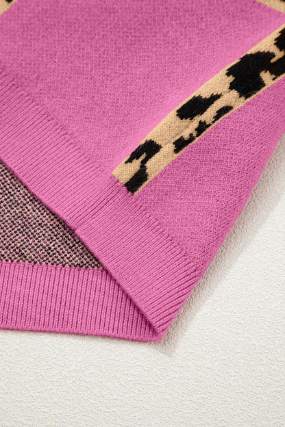Suéter de punto de manga corta a cuadros leopardo rojo rosa