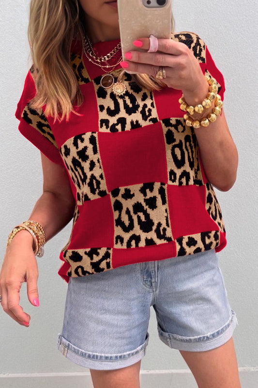 Suéter de punto de manga corta con estampado de tablero de ajedrez y leopardo rojo