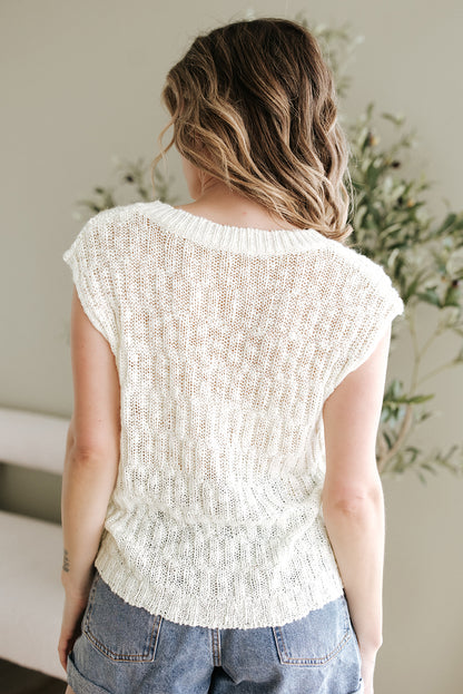 Beige Notched V Neck Short Sleeve Sweater - Snoopy's Closet
