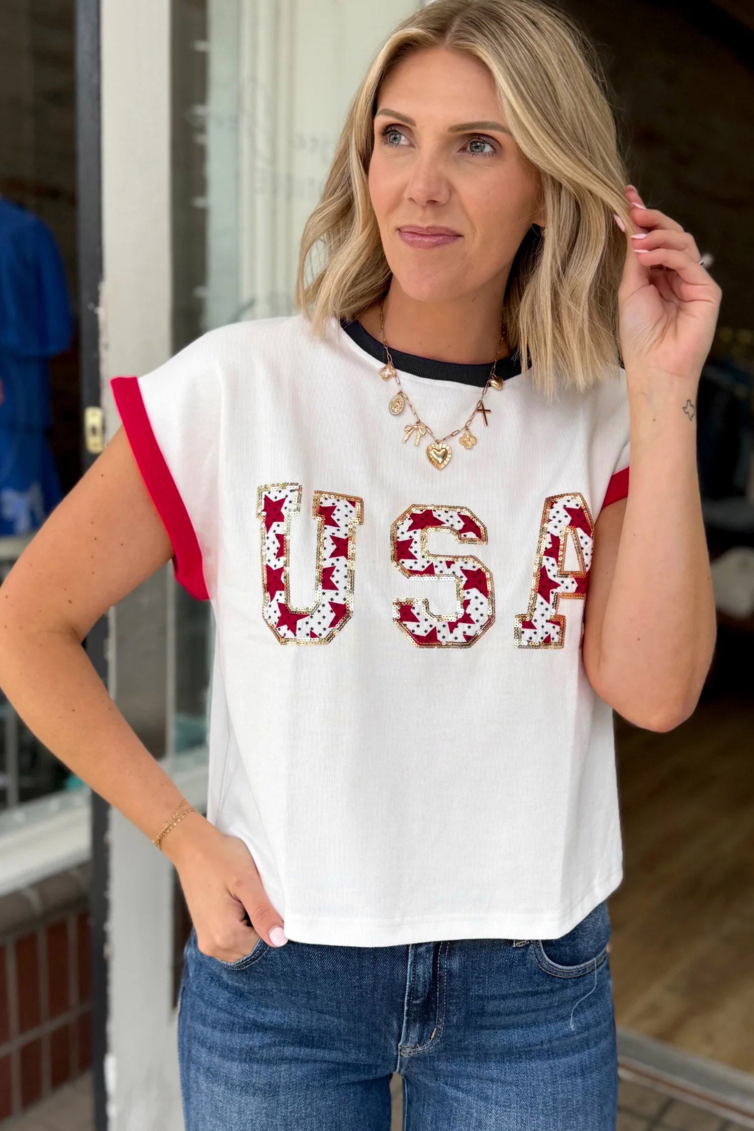 White USA Sequin Color Block Trim Loose T Shirt