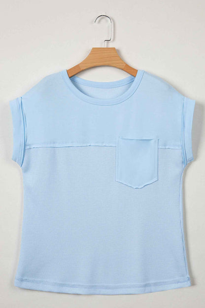 Pink Solid Color Raw Seam Waffled Patchwork Casual T Shirt