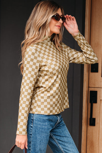 Khaki Check Pattern Turtleneck Ribbed Slim Long Sleeve Tee - Snoopy's Closet