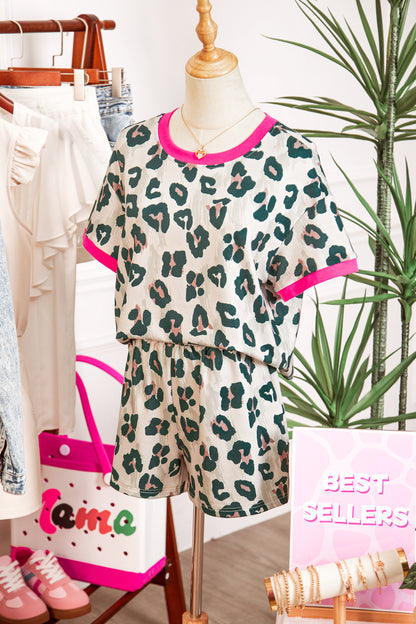 Brown Unique Leopard Print Contrast Trim Top Loose 2pcs Short Set - Snoopy's Closet
