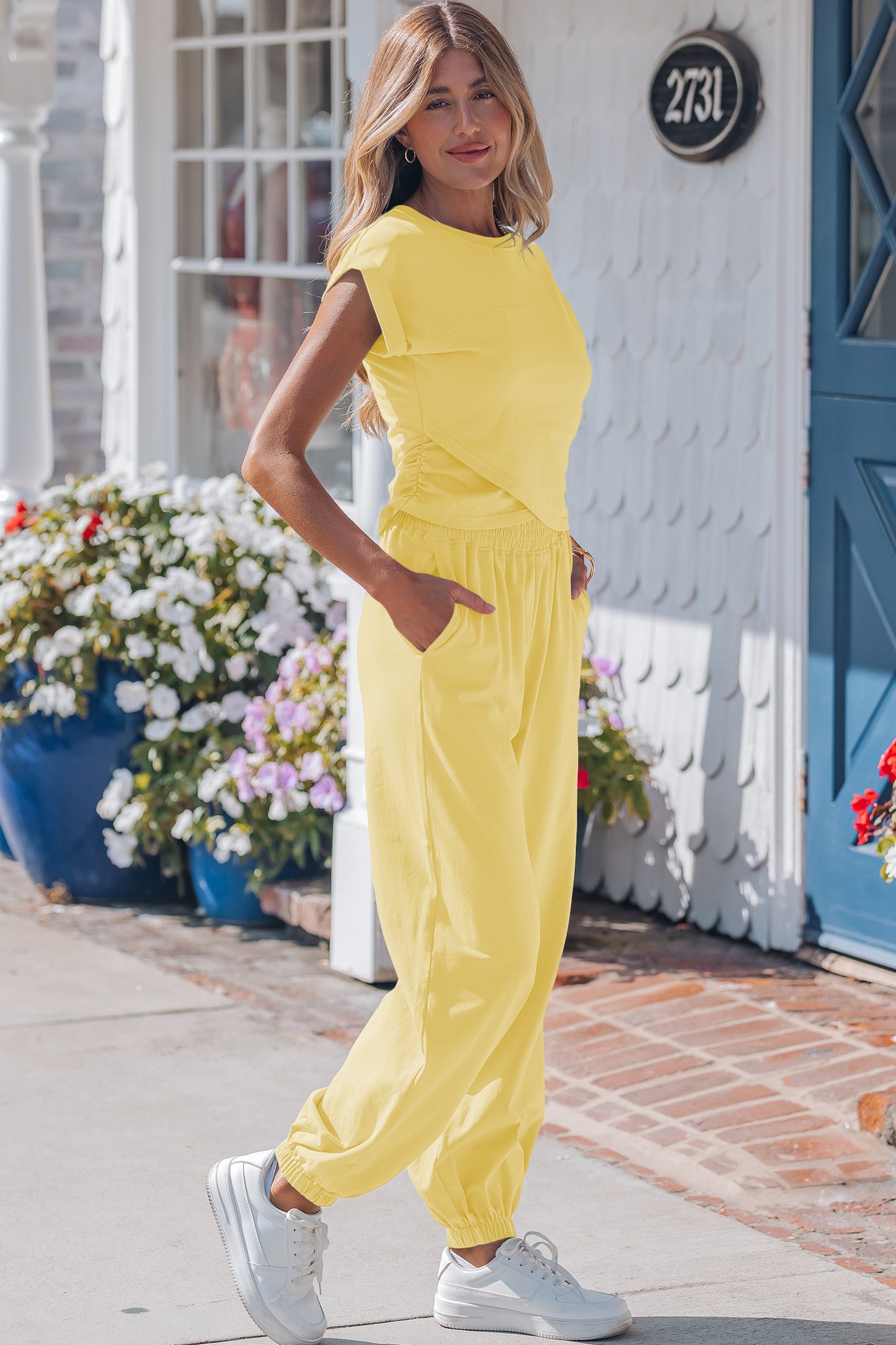 Yellow Cream Solid Color Cropped Tank Top and Jogger Pants Set - Snoopy's Closet