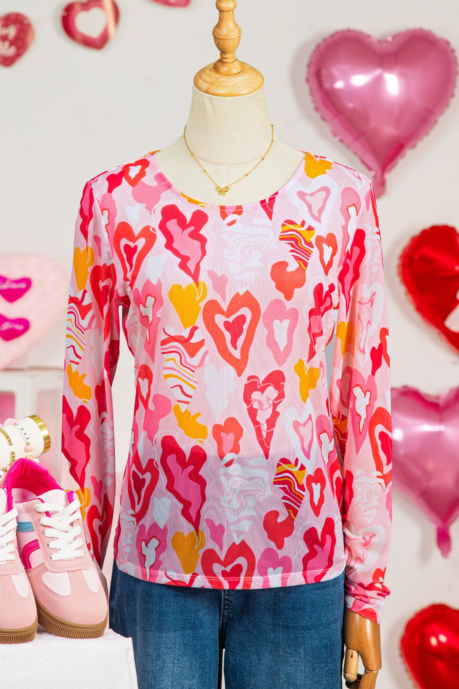 Rose Valentine Heart Mesh Long Sleeve Top - Snoopy's Closet
