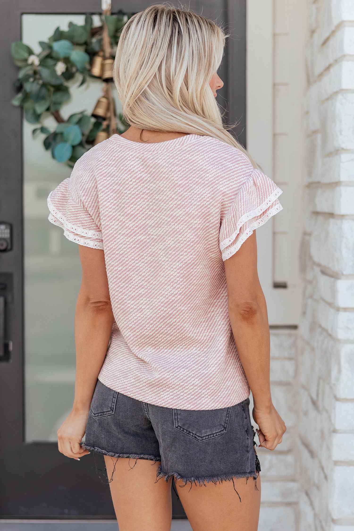 Clearly Aqua Twilled Print Lace Trim Ruffled Short Sleeve Blouse