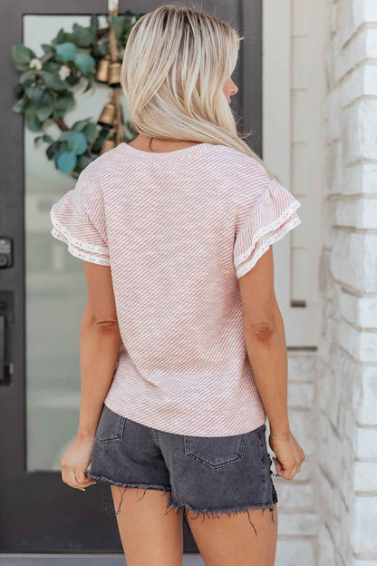 Clearly Aqua Twilled Print Lace Trim Ruffled Short Sleeve Blouse