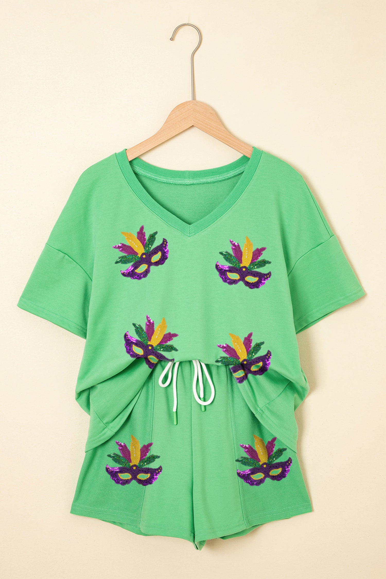 Mint Green Sequin Mardi Gras Mask V Neck Tee Drawstring Shorts 2pcs Outfit - Snoopy's Closet