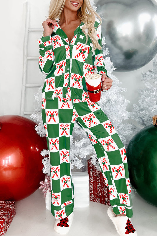 Green Holly Jolly Checkered Pattern 2pcs Long Pajama Set - Snoopy's Closet