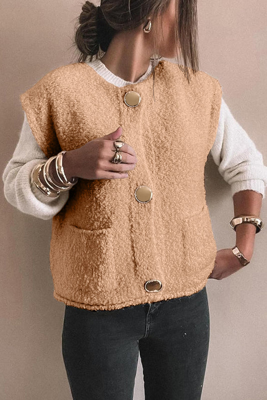 Chaleco de botones grandes y bolsillos peludos color beige francés claro