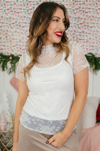 White Sheer Lace Round Neck T Shirt - Snoopy's Closet