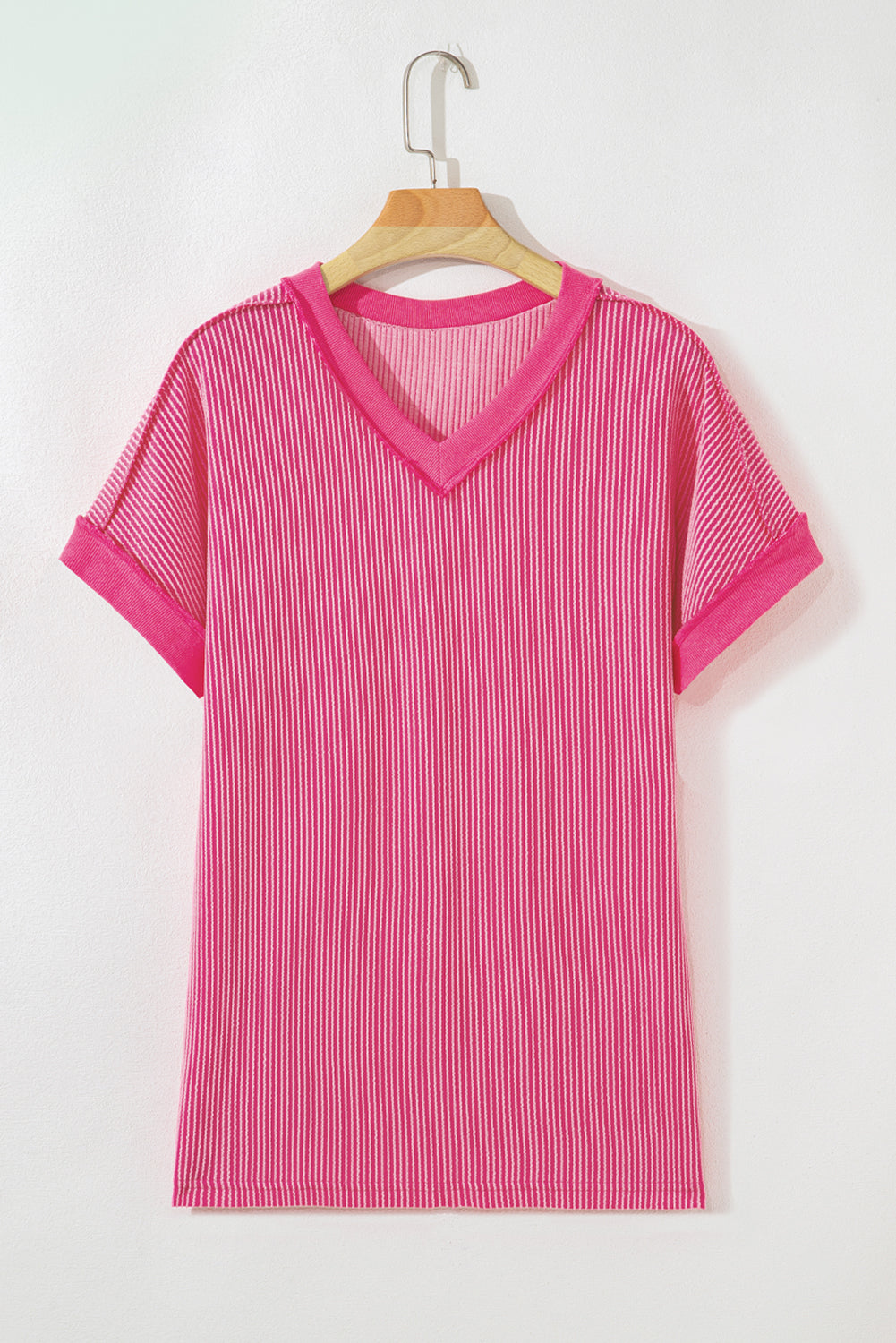 Rose Red Twisted Ribbed Knit V Neck Casual Tee - Snoopy's Closet