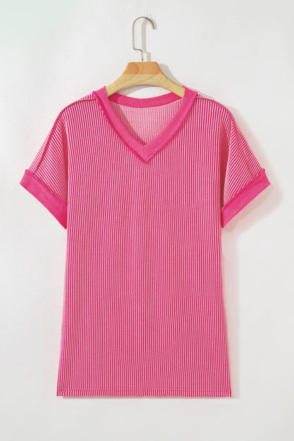 Rose Red Twisted Ribbed Knit V Neck Casual Tee - Snoopy's Closet