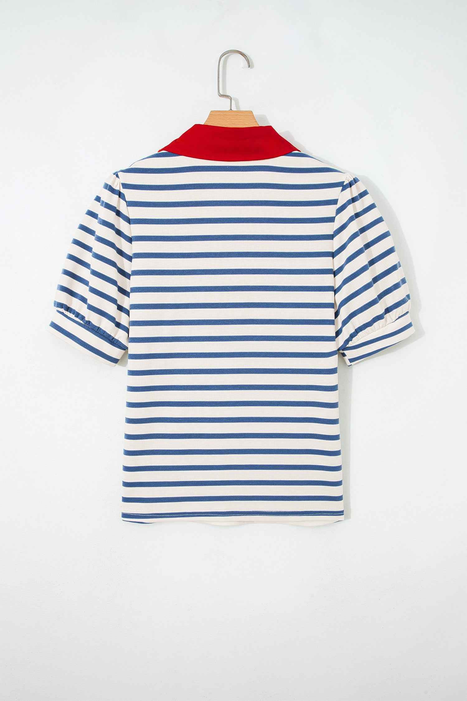 Blue Stripe Short Puff Sleeve Color Block Polo Collar Blouse