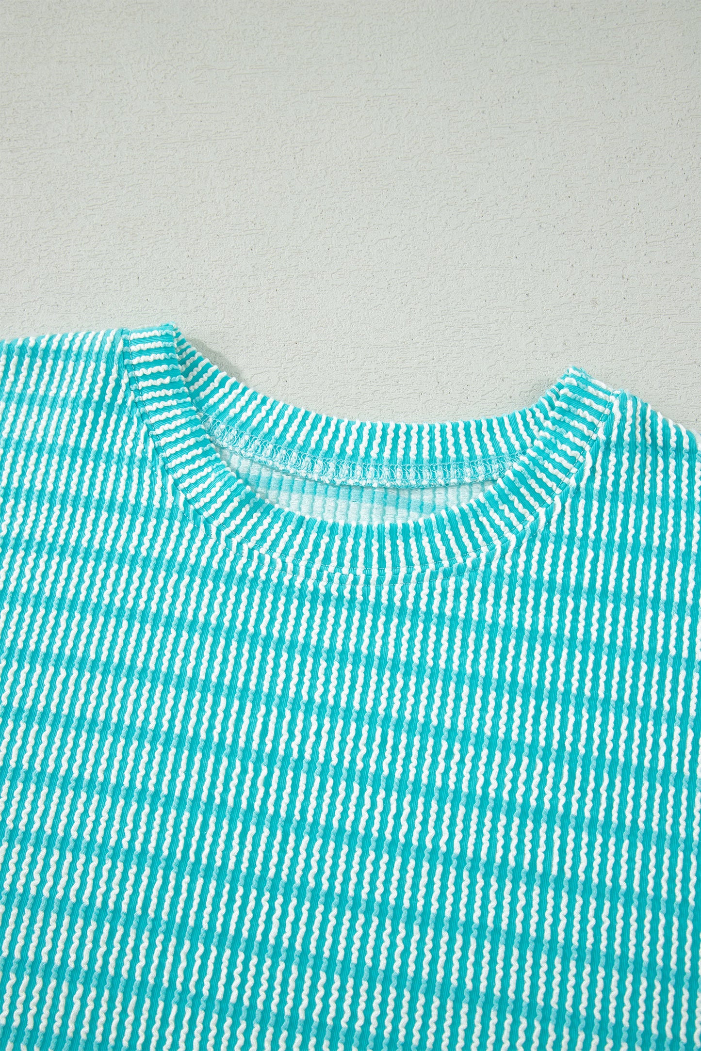Sky Blue Stripe Raised Rib Loose Tee Drawstring Elastic Waist 2pcs Short Set