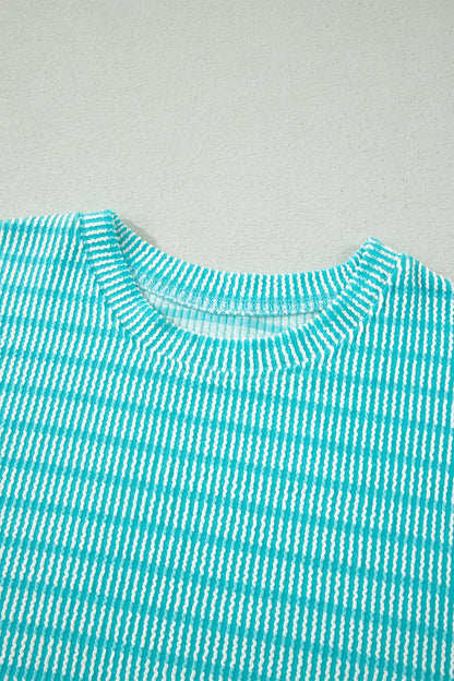 Sky Blue Stripe Raised Rib Loose Tee Drawstring Elastic Waist 2pcs Short Set