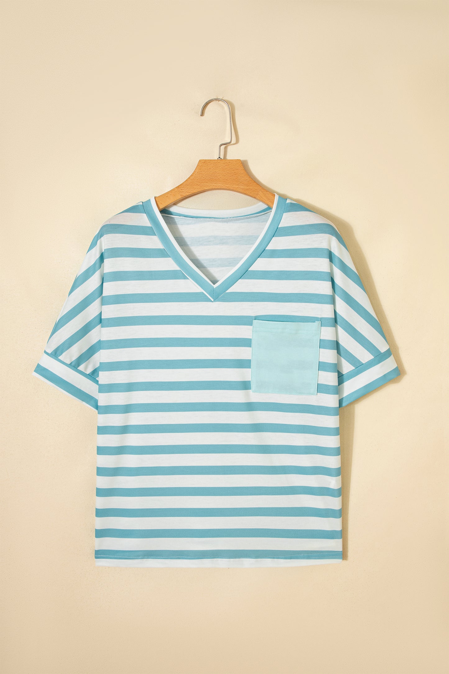 Sky Blue Stripe V Neck Patched Pocket Casual T Shirt - Snoopy's Closet