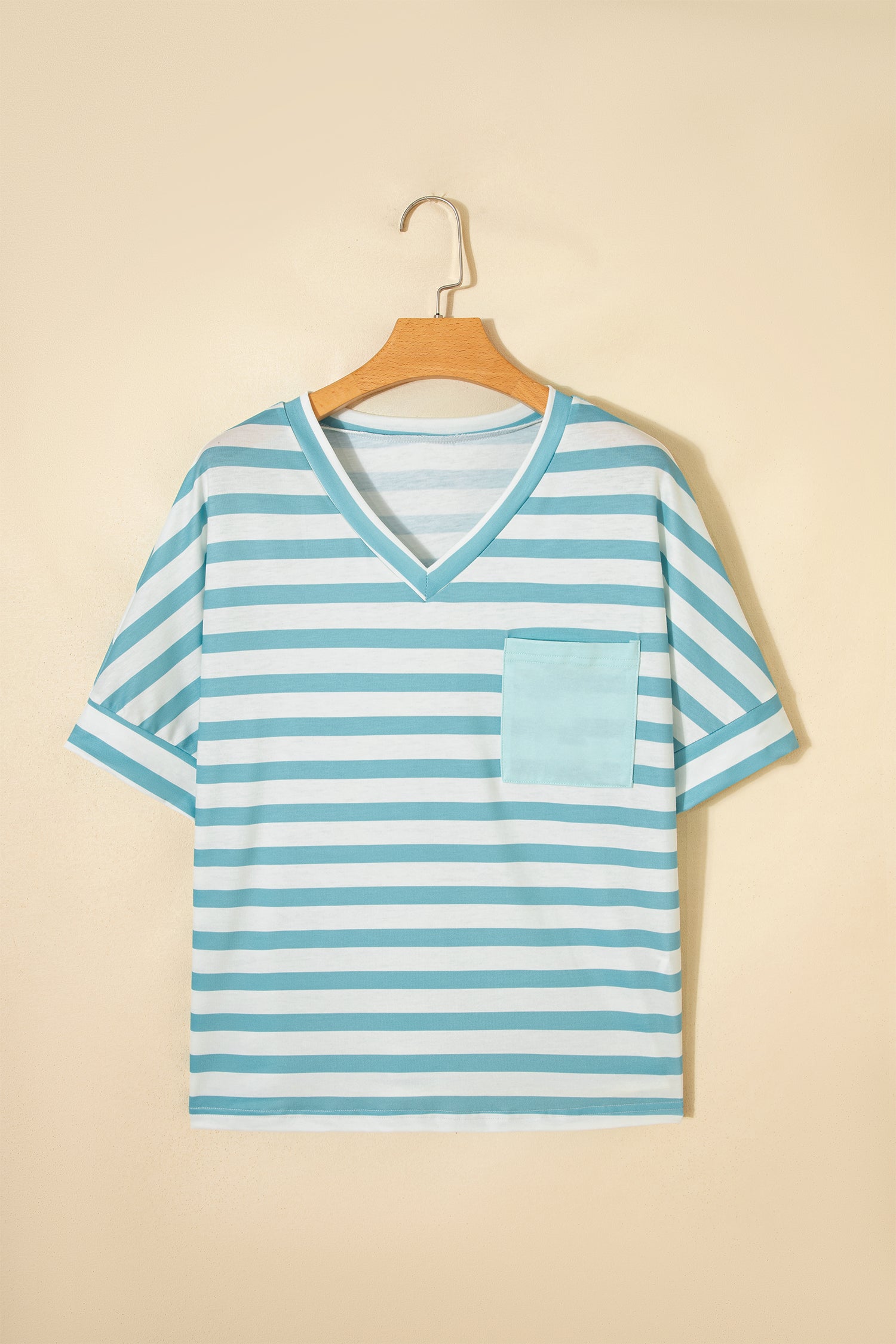 Sky Blue Stripe V Neck Patched Pocket Casual T Shirt - Snoopy's Closet