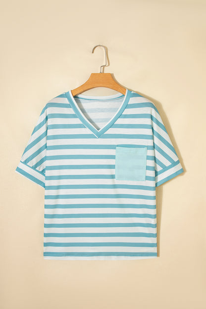 Sky Blue Stripe V Neck Patched Pocket Casual T Shirt - Snoopy's Closet