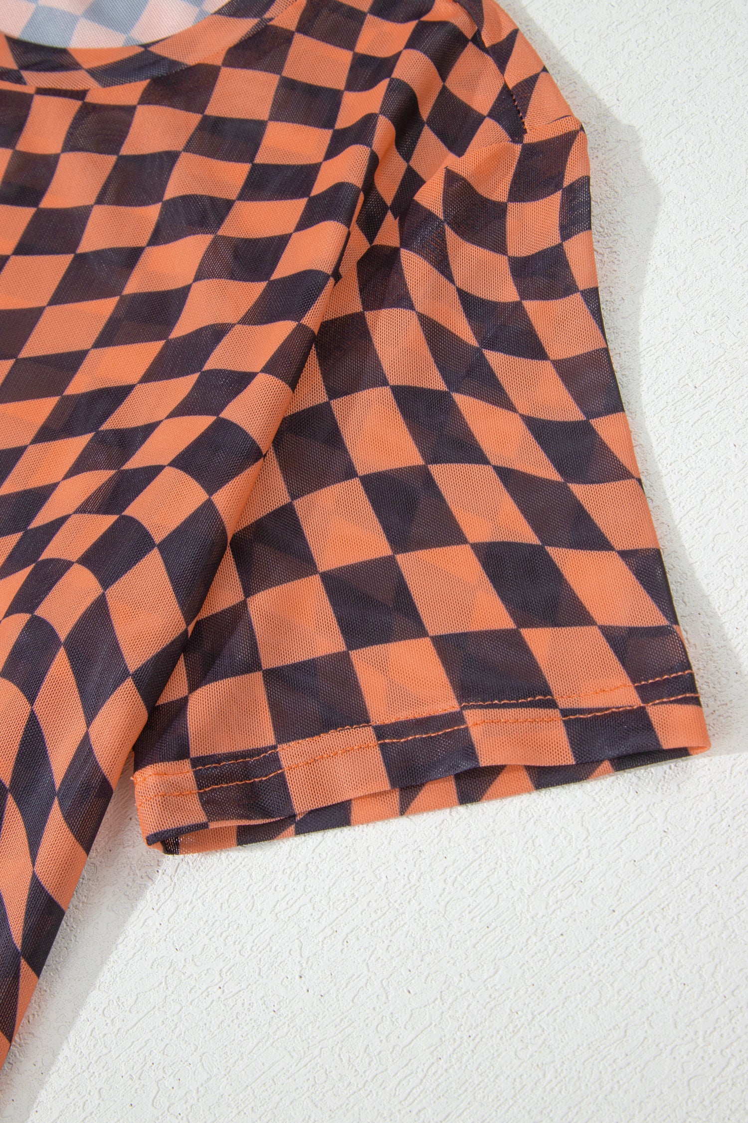 Orange Checkered Print Crew Neck Mesh T Shirt - Snoopy's Closet