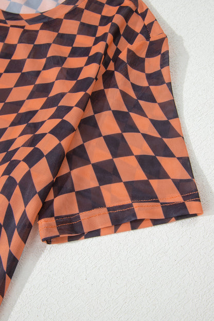 Orange Checkered Print Crew Neck Mesh T Shirt - Snoopy's Closet