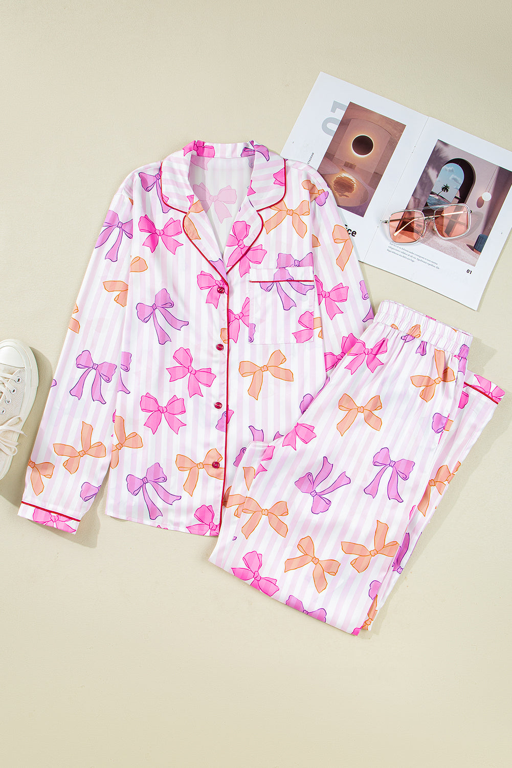 Pink Striped Bow Print Contrast Piping Trim Shirt and Pants 2pcs Pajama Set - Snoopy's Closet