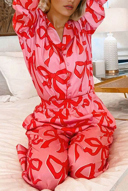 Pink 2pcs Bow Print Shirt Style Long Sleeve Pajama Set - Snoopy's Closet