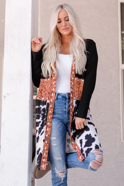 Black Western Pattern Cow Patchwork Open Front Cardigan - Snoopy's Closet