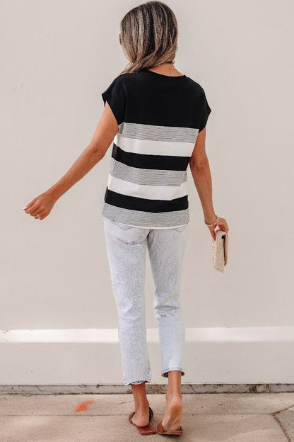 Black Stripe Mixed Print Crew Neck Cap Sleeve T Shirt - Snoopy's Closet