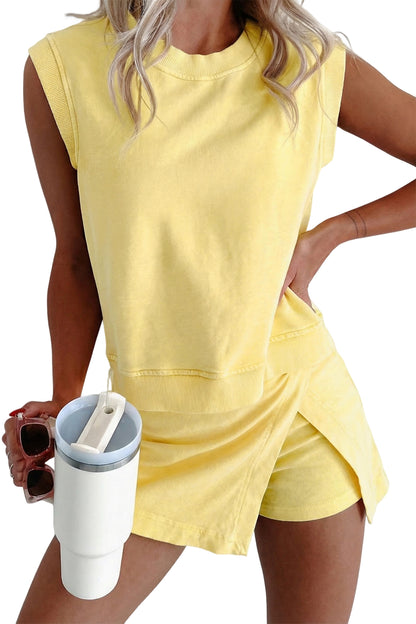 Yellow Cream 2 Pieces Mineral Wash Cotton Tank Top Lined Split Skirt Set