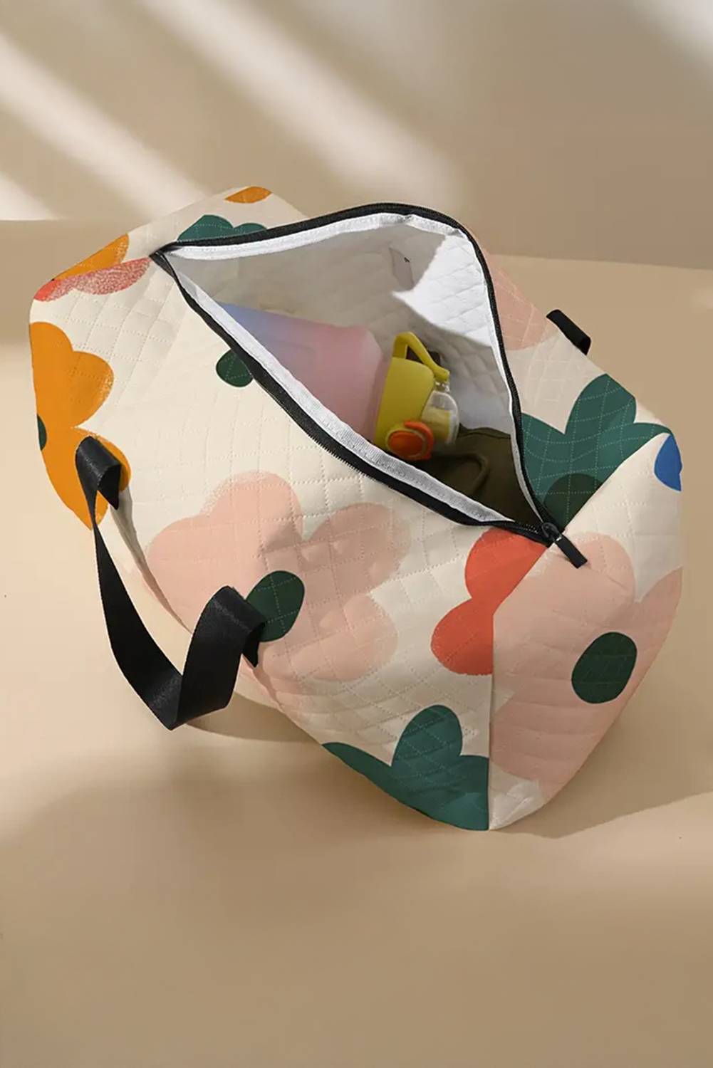 White Flower Print Quilted Large Duffel Bag - Snoopy's Closet