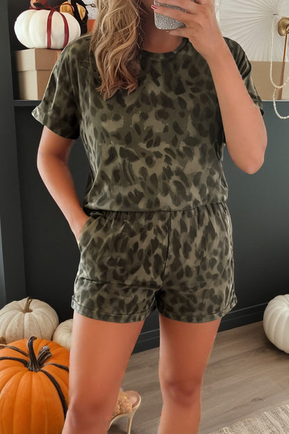Brown Leopard Print Crew Neck Short Set - Snoopy's Closet