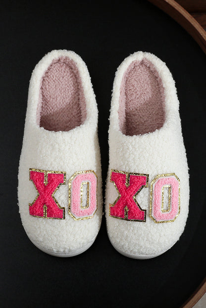 Pink XO XO Glitter Trim Letter Patched Plush House Slippers - Snoopy's Closet