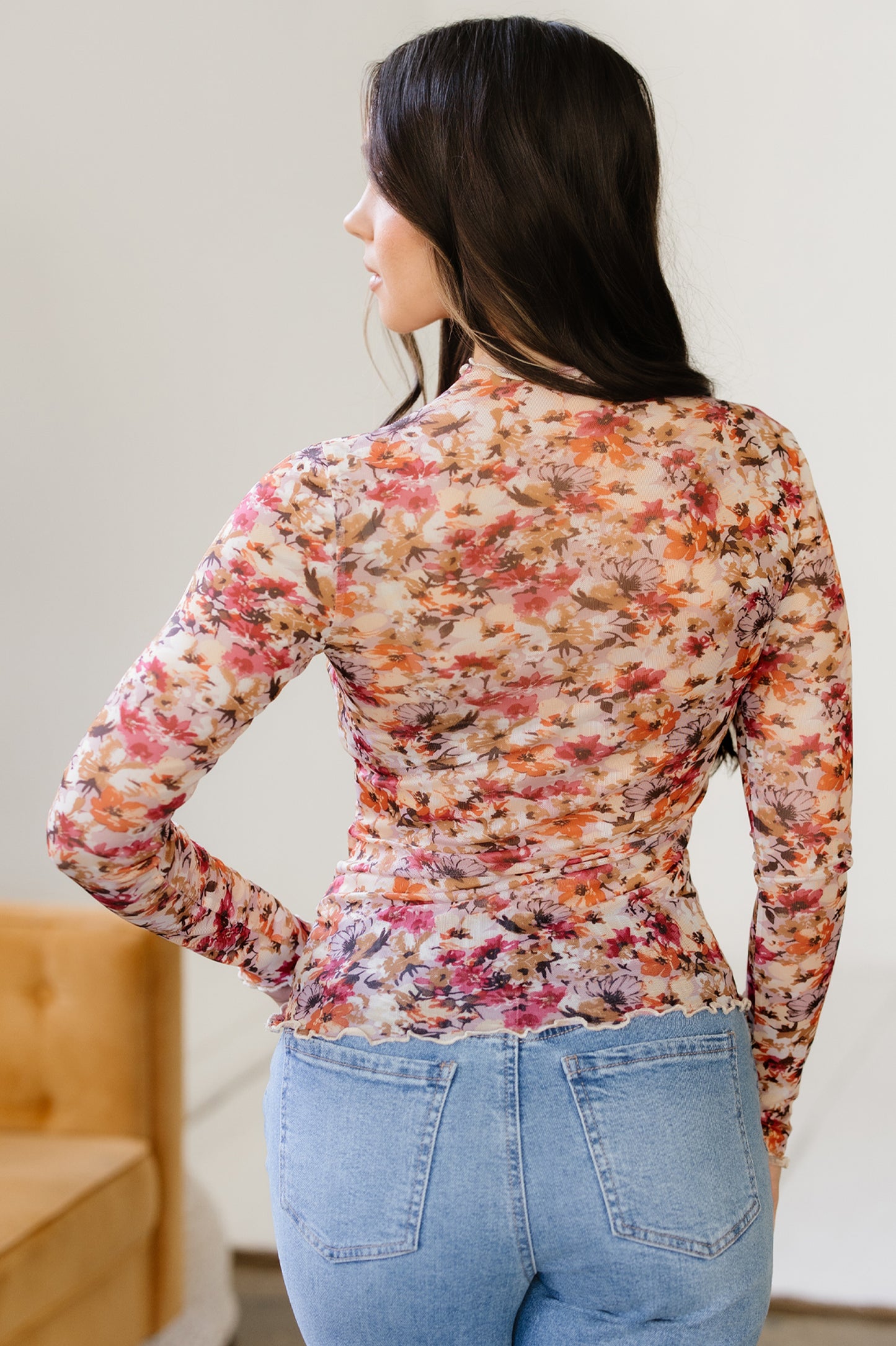 Red Lettuce Trim Floral Print Mesh Long Sleeve Top - Snoopy's Closet