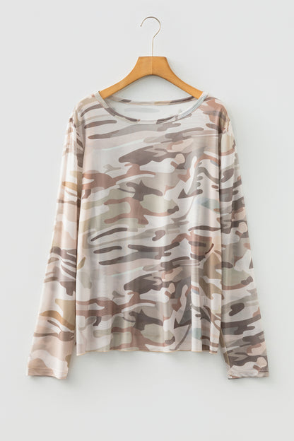 Green Plus Size Western Camo Print Mesh Long Sleeve Top - Snoopy's Closet
