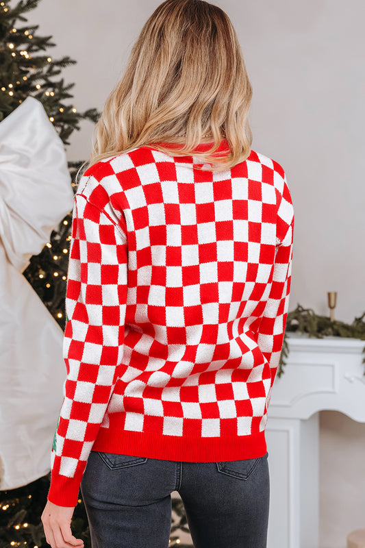 Suéter de punto cárdigan con cuello en V y estampado de árbol de Navidad a cuadros rojos