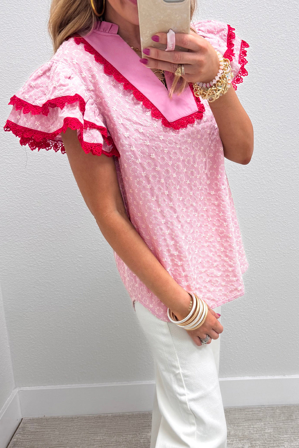 Beau Blue Eyelet Embroidered Flower Texture Contrast Lace Trim Flutter Sleeve Blouse - Snoopy's Closet